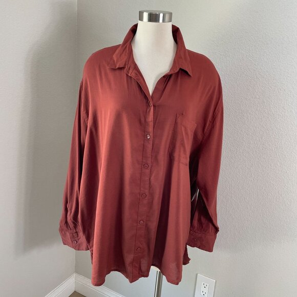 NEW Old Navy Womens Plus XXL Boyfriend Shirt Button Up Rust Brown Top Blouse - Picture 1 of 9